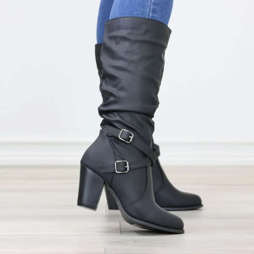 Black Mid Calf Block Heeled Boots Synthetic Leather Pointed Toe Womens - Picture 5 of 15